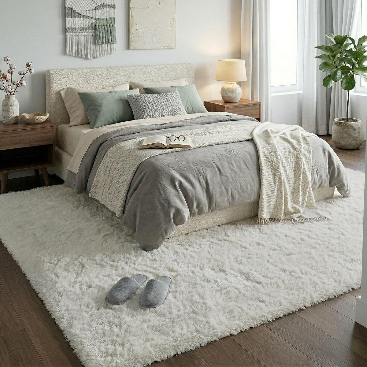 8x10 Ft Cream White Fluffy Area Rug for Living Room, Washable