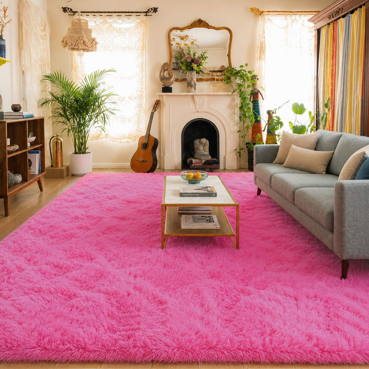 8x10 Ft Cream White Fluffy Area Rug for Living Room, Washable