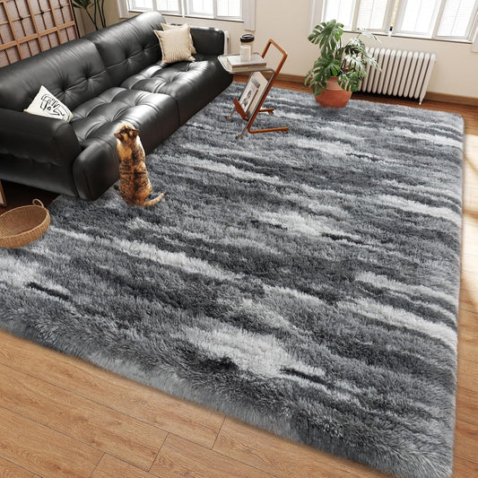 8x10 Large Shag Rugs for Living Room, Washable Abstract Grey