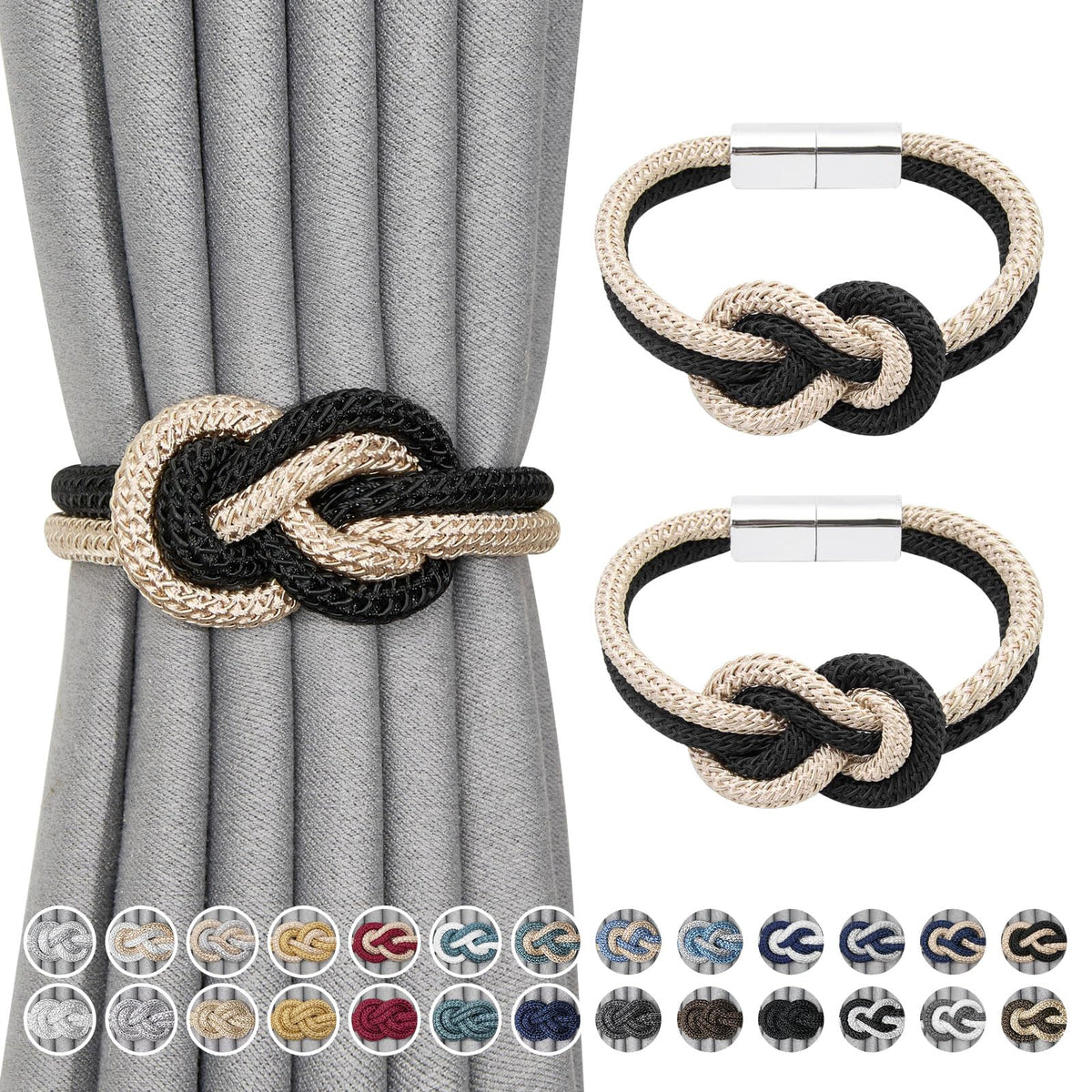 NICEEC 2 Pack Mini Magnetic Curtain Tiebacks Nordic Simple Style Drape Tie Backs Elegant Hand Weave Rope Knot Decorative Curtain Holdbacks for Home & Office Thin Window Drapery (Silver Grey)