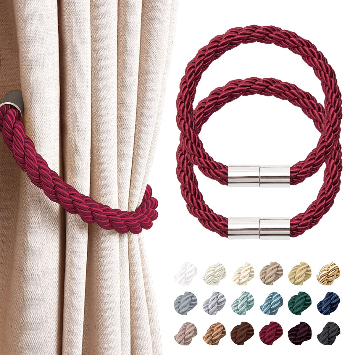 NICEEC 2 Pack Strong Magnetic Curtain Tiebacks Modern Simple Style Drape Tie Backs Convenient Decorative Weave Rope Curtain Holdbacks for Thin or Thick Home & Office Window Draperies (Beige)