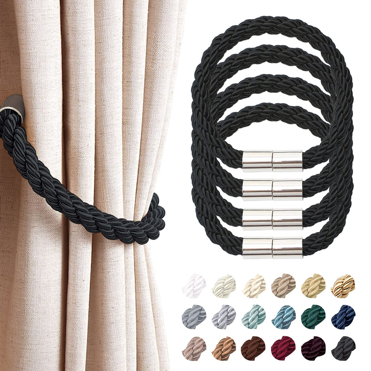 NICEEC 2 Pack Strong Magnetic Curtain Tiebacks Modern Simple Style Drape Tie Backs Convenient Decorative Weave Rope Curtain Holdbacks for Thin or Thick Home & Office Window Draperies (Beige)