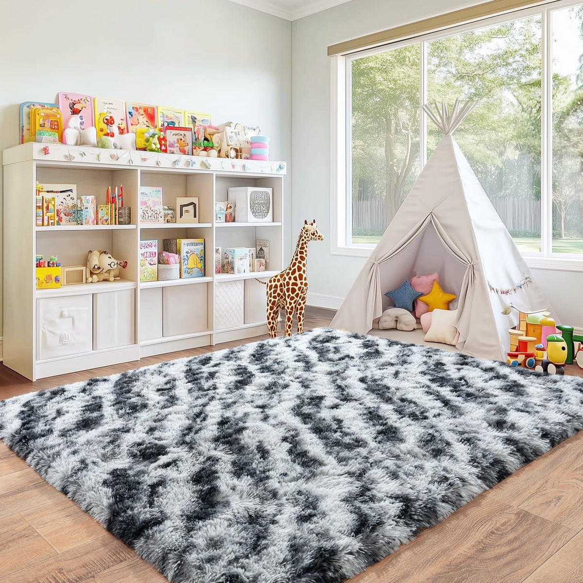 8x10 Area Rugs for Living Room, Large Ultra Fluffy Fuzzy Shag Rug for Bedroom, Modern Plush Soft High Pile Upgrade Non-Slip Carpet for Kids Girls and Boys Room Decor, Tie-Dyed Blue Grey