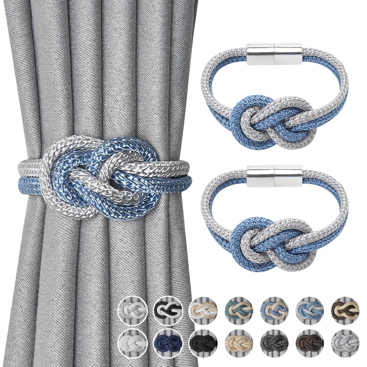 NICEEC 2 Pack Mini Magnetic Curtain Tiebacks Nordic Simple Style Drape Tie Backs Elegant Hand Weave Rope Knot Decorative Curtain Holdbacks for Home & Office Thin Window Drapery (Silver Grey)