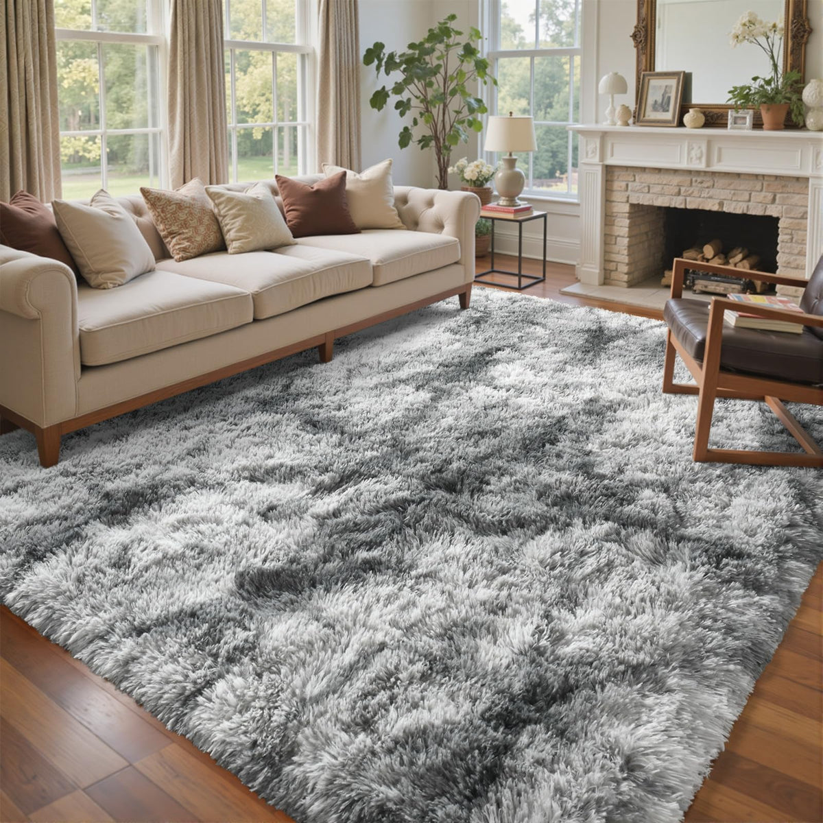 8x10 Ft Extra Large Shag Rugs for Living Room, Tie Dyed Ultra Soft Fluffy Furry Area Rugs for Bedroom Indoor Floor, Aesthetic Carpet for Kids Home Decor (Dark Grey)