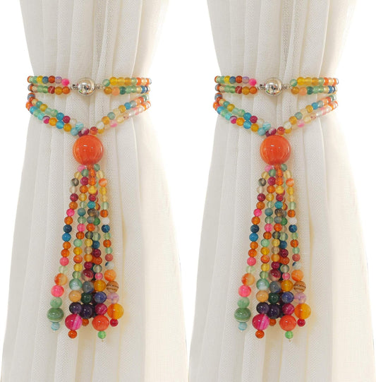 Magnetic Curtain Tiebacks, 2 Pack Colorful Agate Tassel Curtain Drapery Holdbacks, Boho Curtain Ties for Home Office Decorative