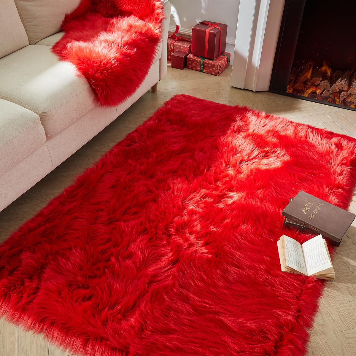 AMTOVO Faux Sheepskin Rug, Beige Ultra Soft Fluffy Shag Area Rug, 2 x 6 ft Faux Fur Rug for Bedroom Sofa Throw Cushion Room Decor, Sheepskin