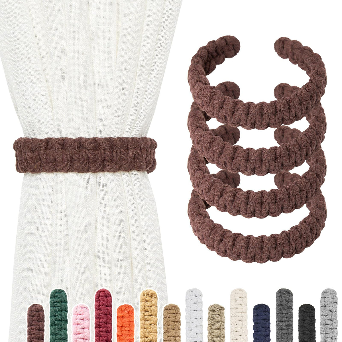 NICEEC 2 Pack Natural Cotton Rope Curtain Tiebacks Farmhouse Rustic Style Decorative Drape Tie Backs Handmade Braided Curtain Holdbacks for Home & Office Sheer/Light Weight Drapery (C-White-S)