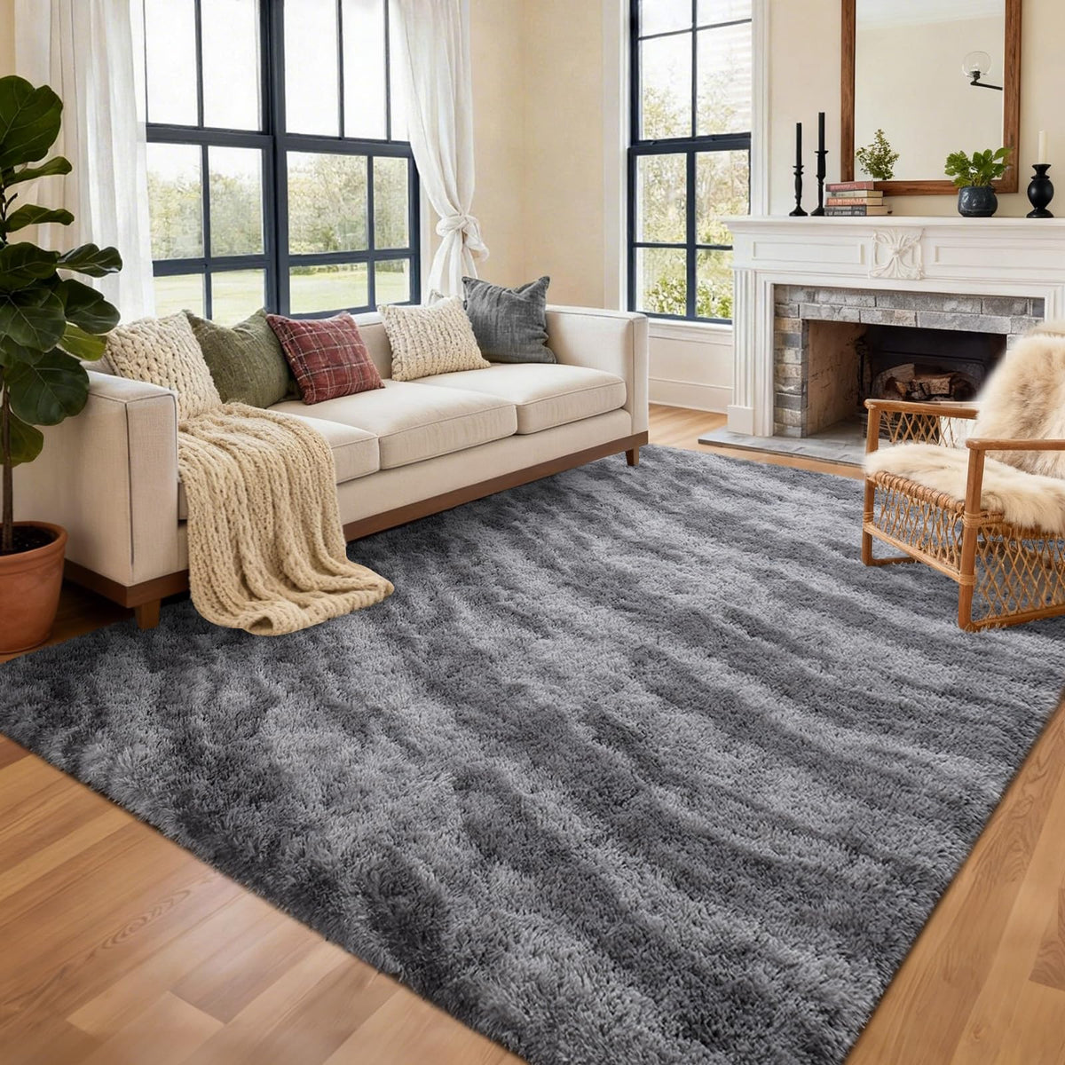 8x10 Ft Extra Large Shag Rugs for Living Room, Tie Dyed Ultra Soft Fluffy Furry Area Rugs for Bedroom Indoor Floor, Aesthetic Carpet for Kids Home Decor (Dark Grey)