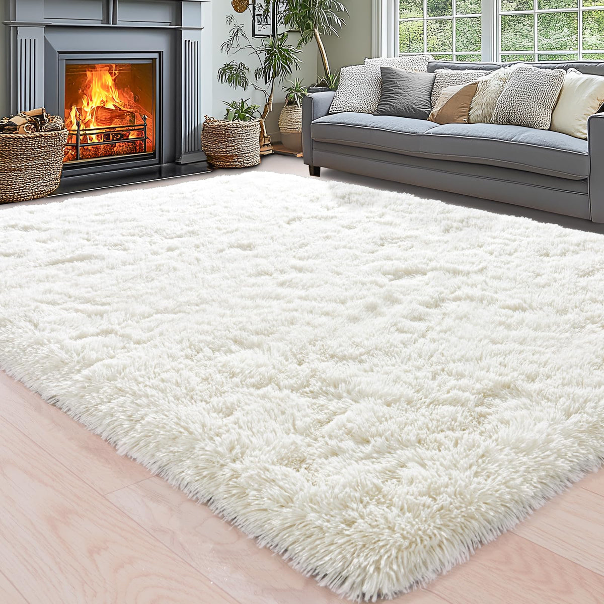 8x10 Area Rugs for Living Room, Cream White Soft Fuzzy Large Shaggy Rug
