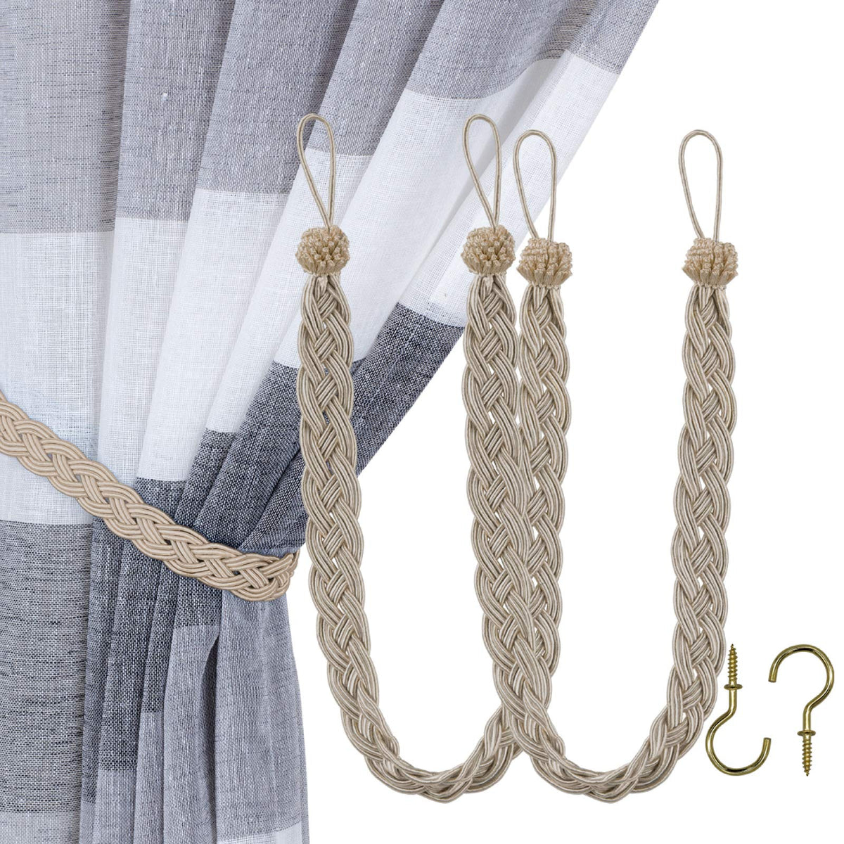 Home Queen Handwoven Rope Curtain Tiebacks for Drapes, 2 Pack Rope Holdbacks with Hooks, 23 Inch Long Polyester and Cotton Braided Tie Backs for Thick and Sheer Curtains,Navy and Silver