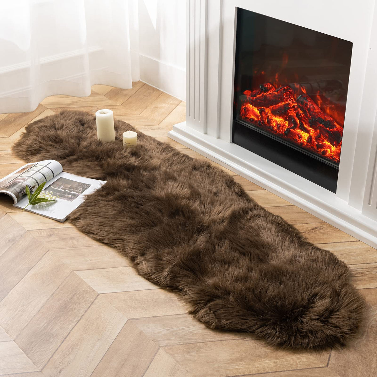 Ashler Faux Fur Rug, White, 2 x 6 Ft, Machine Washable