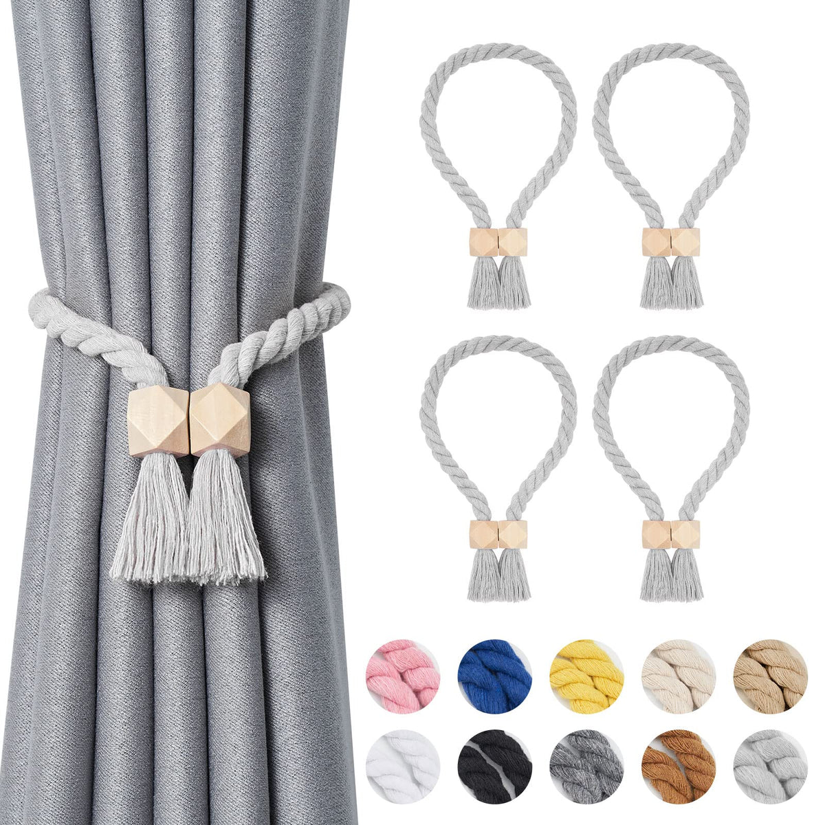 NICEEC 2 Pack Wooden Ball Magnetic Curtain Tiebacks Boho Home Decor Drape Tie Backs Natural Cotton Hand Woven Rope Curtain Holdbacks for Thin & Thick Home & Office Window Draperies (Beige)