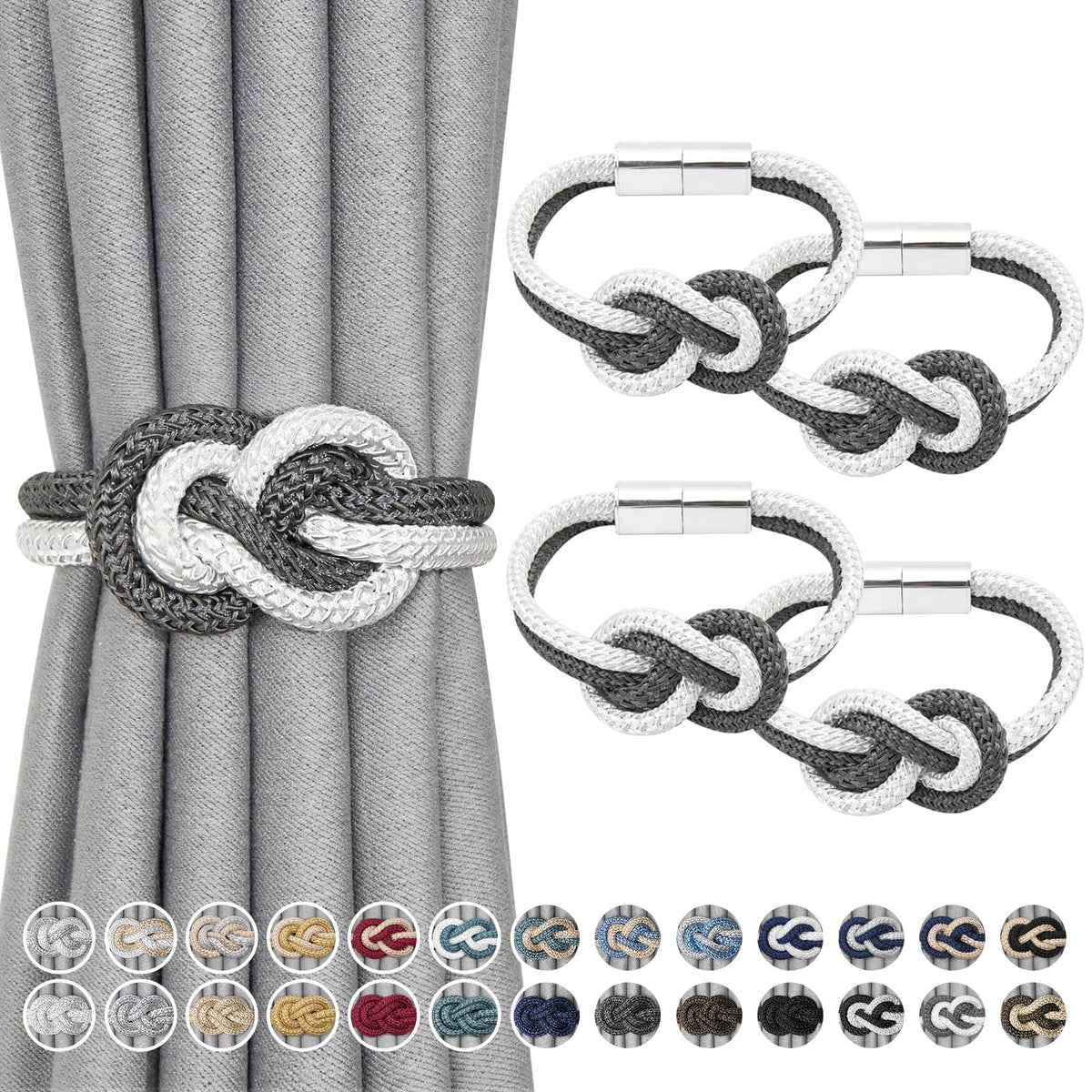NICEEC 2 Pack Mini Magnetic Curtain Tiebacks Nordic Simple Style Drape Tie Backs Elegant Hand Weave Rope Knot Decorative Curtain Holdbacks for Home & Office Thin Window Drapery (Silver Grey)