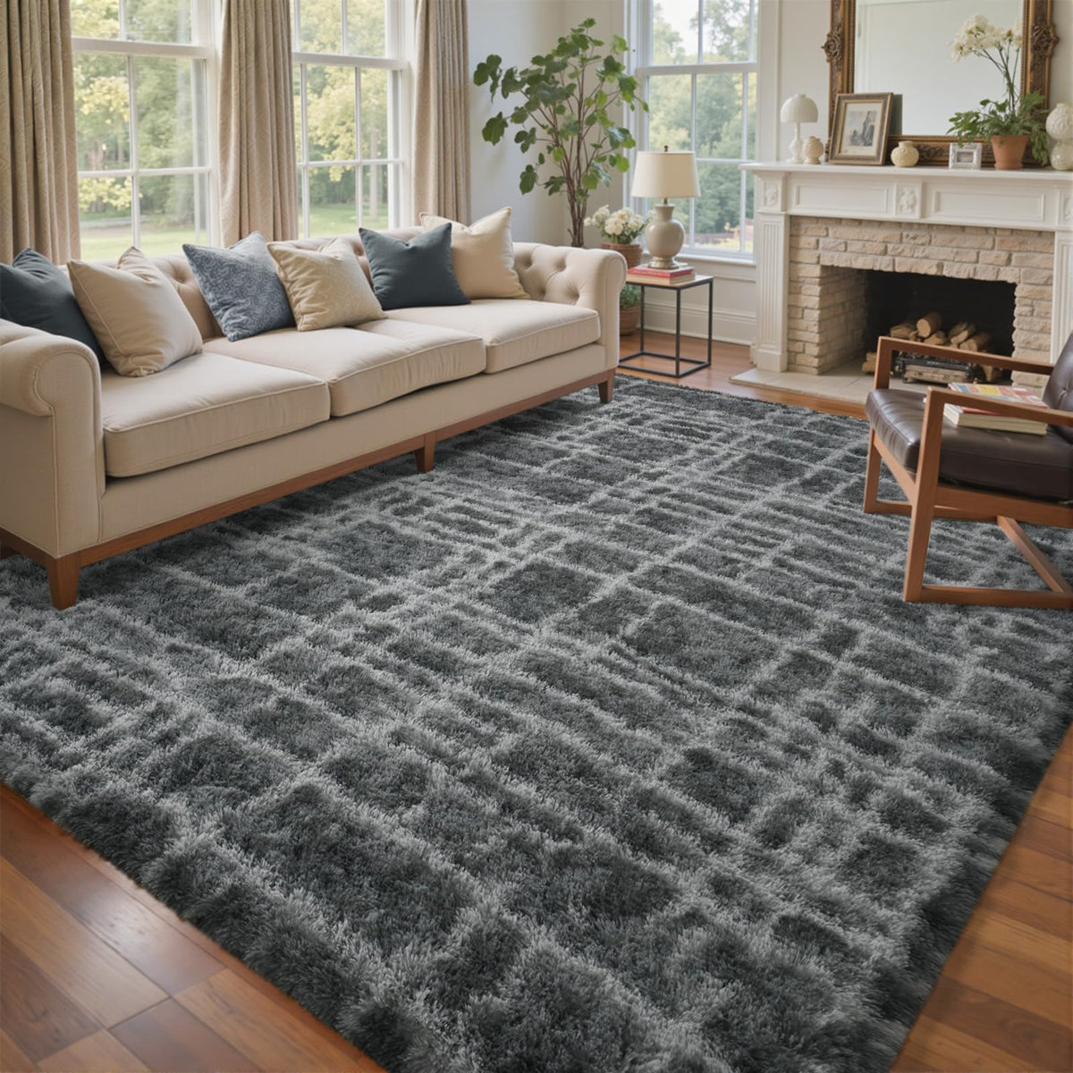 8x10 Ft Extra Large Shag Rugs for Living Room, Tie Dyed Ultra Soft Fluffy Furry Area Rugs for Bedroom Indoor Floor, Aesthetic Carpet for Kids Home Decor (Dark Grey)