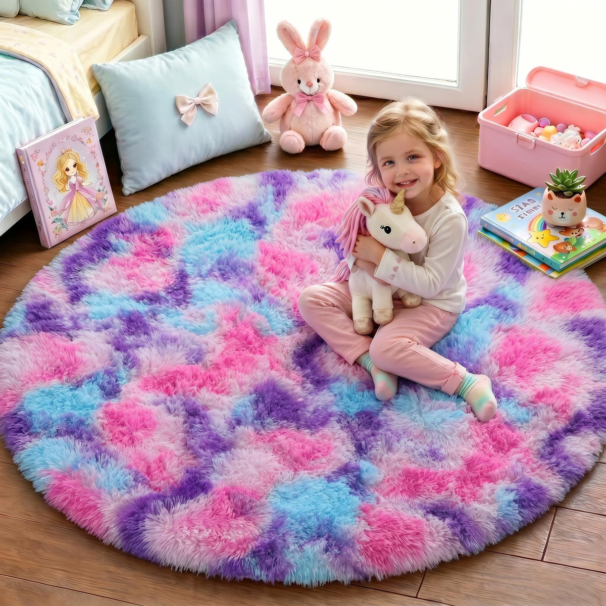 Pink Round Rug for Girls Bedroom 4Ft, Fluffy Shaggy Fuzzy Circle Area Rugs