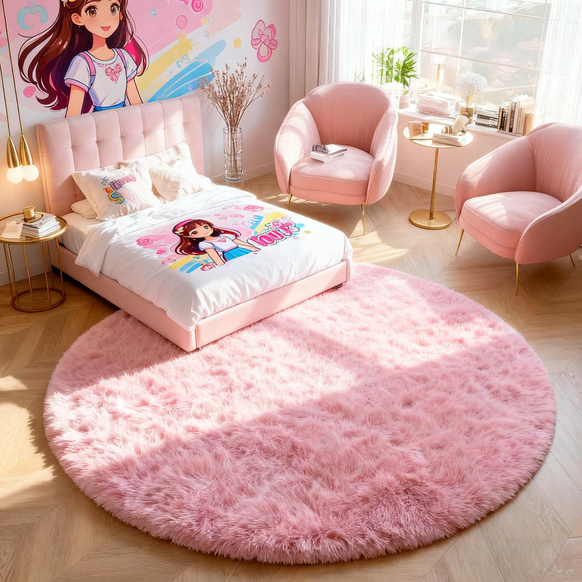 Pink Round Rug for Girls Bedroom 4Ft, Fluffy Shaggy Fuzzy Circle Area Rugs