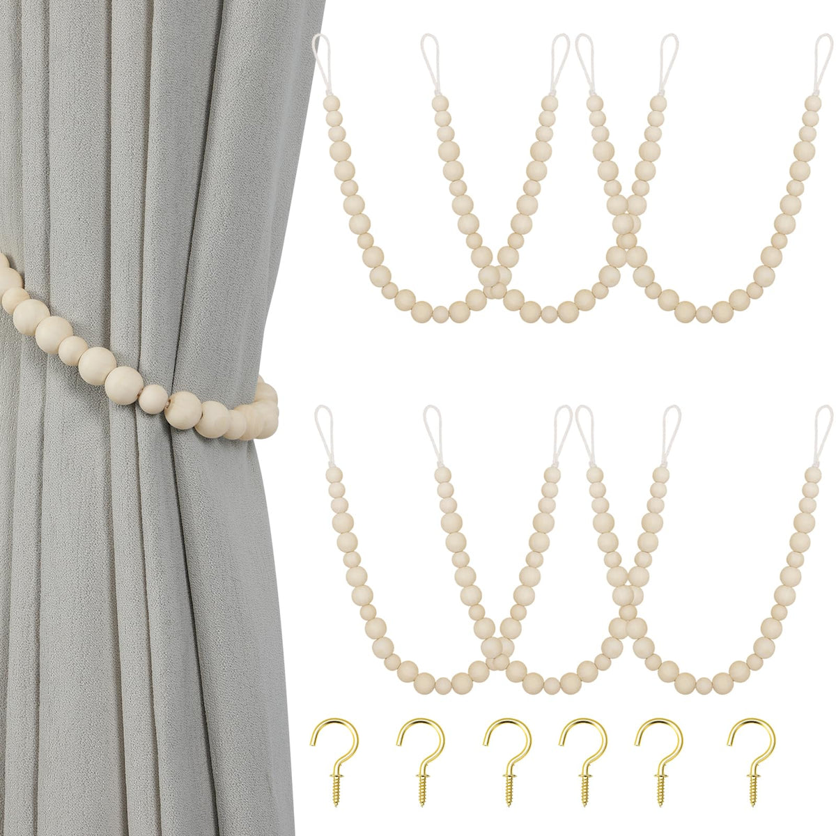KLOGTSIND Wood Bead Curtain Tiebacks, 2 Pack Curtain Tie Backs with Hooks