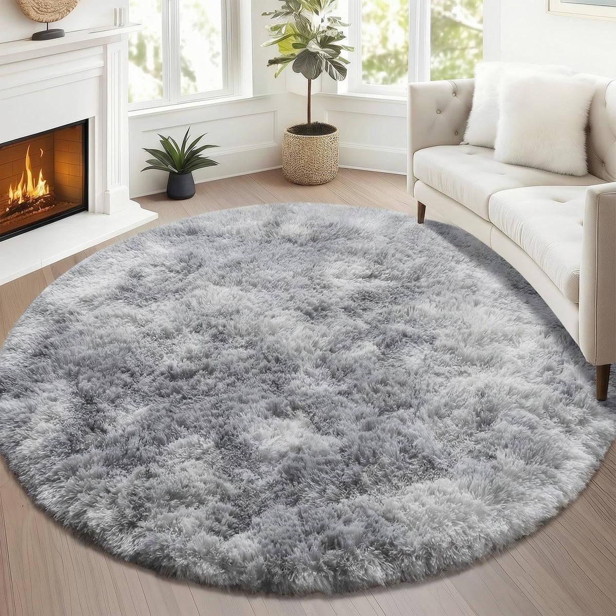 Area Rugs for Living Room Bedroom, 5x8 Fluffy Tie-Dyed Light Grey Shag Rug