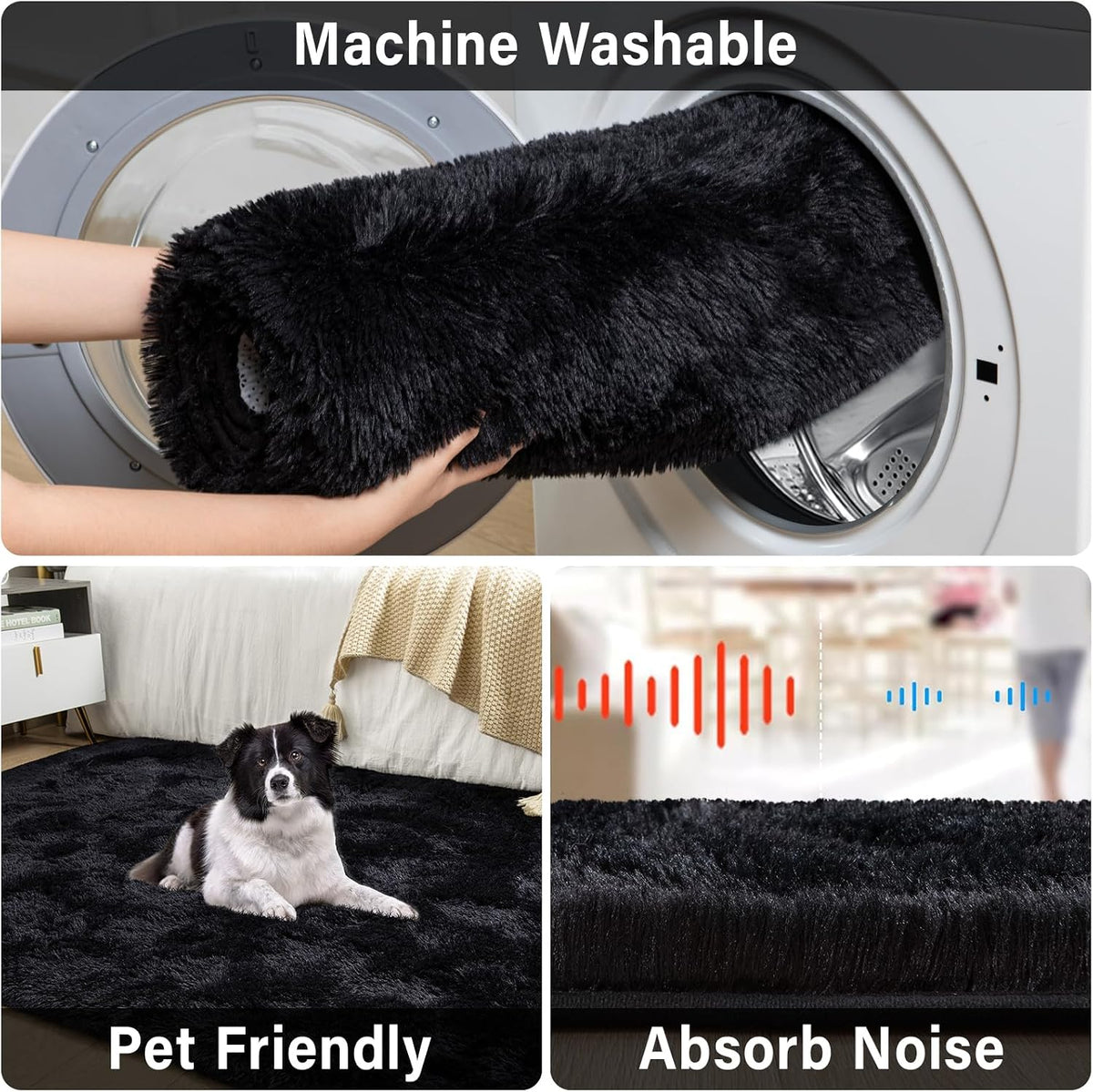 Merelax Soft Modern Indoor Large Shaggy Rug for Livingroom Bedroom Dorm Kids Room Home Decor, Non-Slip Plush Fluffy Furry Fur Area Rugs Comfy Nursery Accent Floor Carpet 9x12 Feet, Black