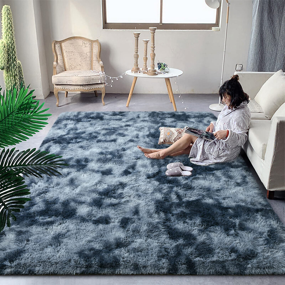 DweIke Fluffy Blue Shag Rugs for Bedroom Living Room, 4x6 Feet Soft Plush Tie-Dyed Light SkyBlue Girls Boys Kids Rug, Upgraded Non-Slip and Machine Washable Carpet for Dorm Nursery Classroom Decor