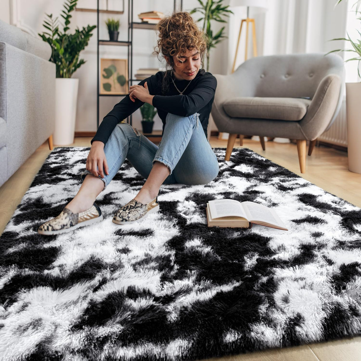 EVOIONOS Area Rug for Bedroom Living Room, Machine Washable 5x7 Fluffy Shag Rug, Soft Plush Non Slip Carpet for Indoor Floor Bedside Nursery Kids Girls Room Dorm, Home Decor Aesthetic, ‌Tie-Dye Camel