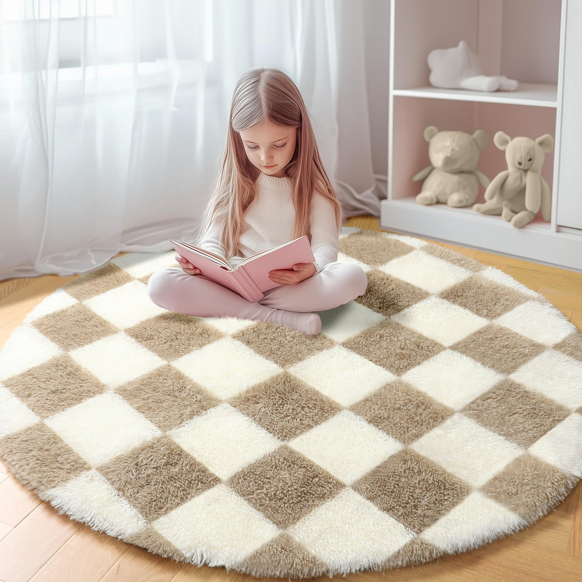KICMOR Area Rugs 8x10 for Living Room, Large Fluffy Beige and Cream White Checkered Rug Big Fuzzy Shag Shaggy Carpets for Bedroom, Soft Plush Furry Rug for Boy Girls Room Dorm Home Decor Aesthetic
