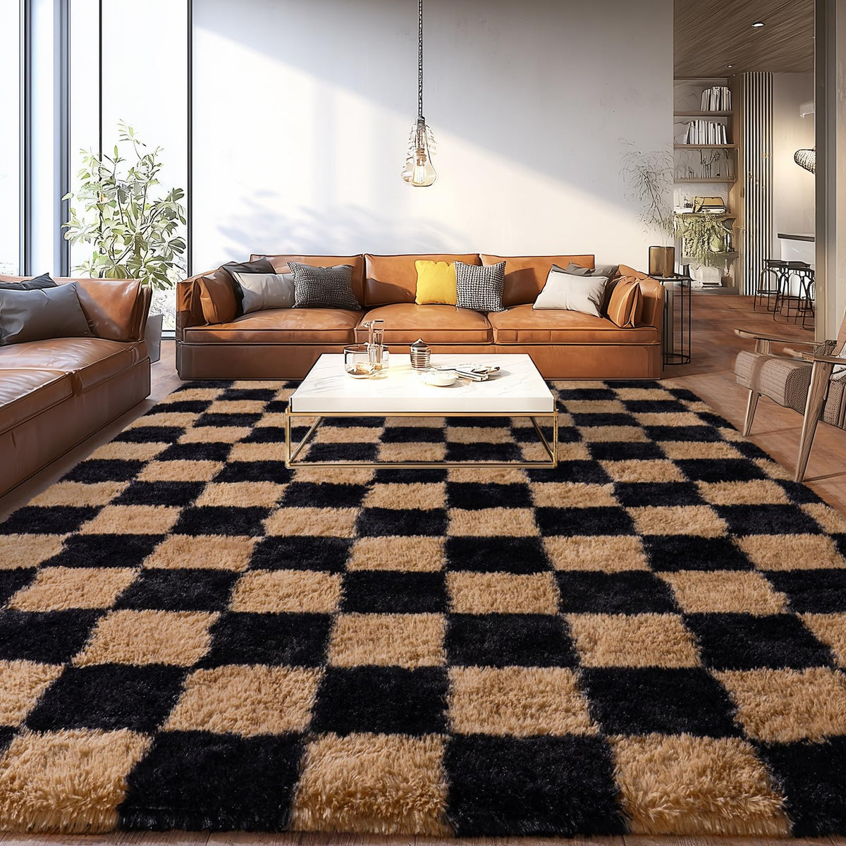 Large Living Room Area Rug 9x12Ft Shaggy Carpet Fuzzy Carpet Tie Dye Camel