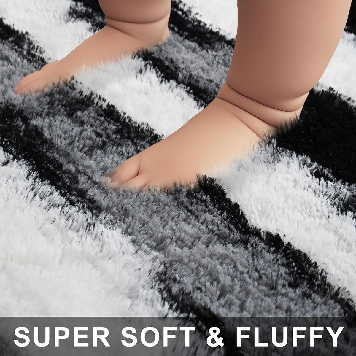 Black and White Rugs for Living Room Bedroom, 6x9 Fluffy Soft Plush Area Rugs with Non-Slip Backing, Modern Striped Shag Fuzzy Carpets for Kids Playroom Nursery Dorms Home Decor