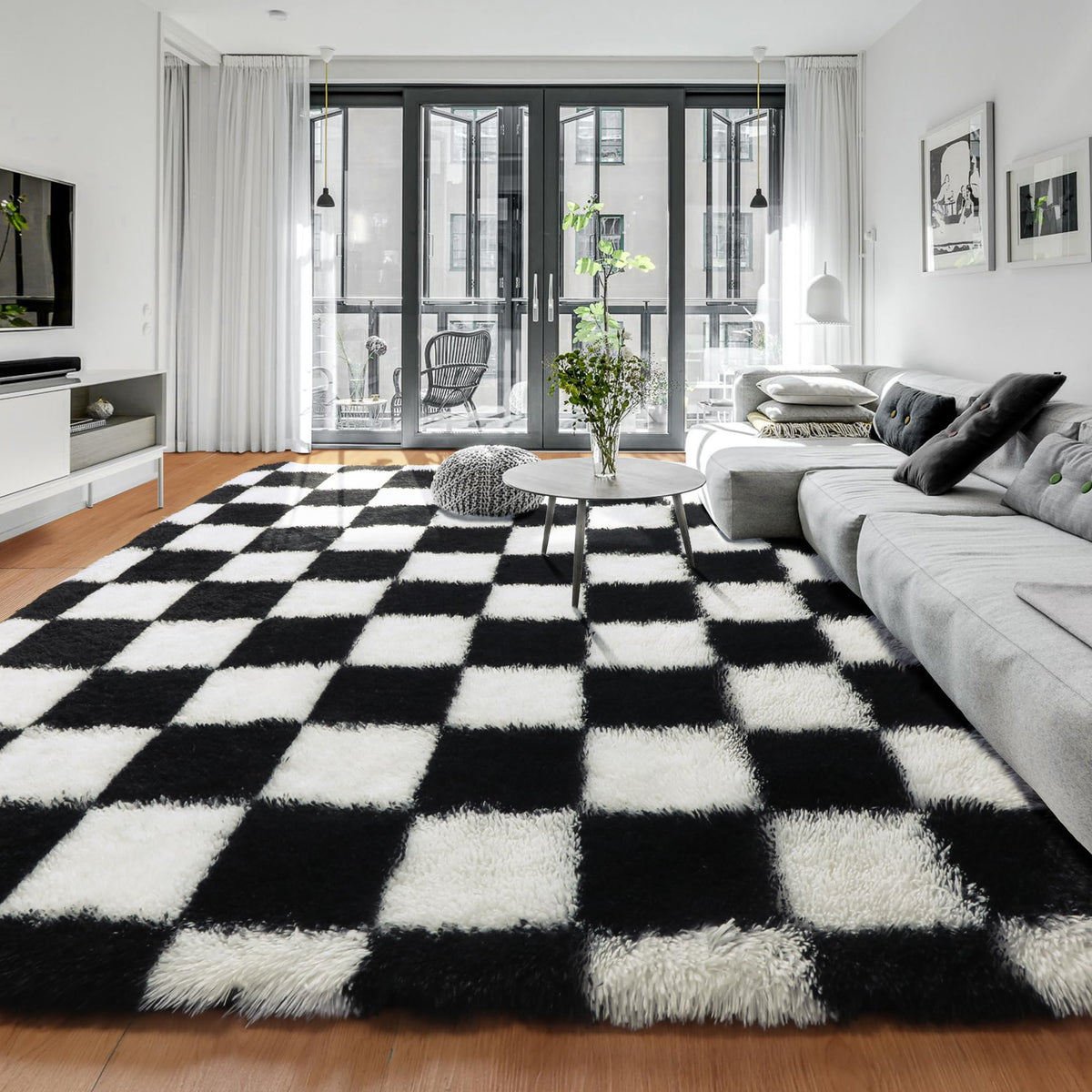 KICMOR Area Rugs 8x10 for Living Room, Large Fluffy Beige and Cream White Checkered Rug Big Fuzzy Shag Shaggy Carpets for Bedroom, Soft Plush Furry Rug for Boy Girls Room Dorm Home Decor Aesthetic