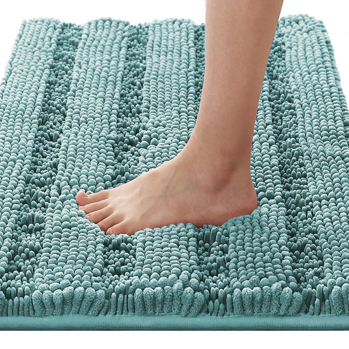 H.VERSAILTEX Sage Bathroom Rugs, Bath Mat Set of 2 Extra Thick Chenille Striped Pattern Shaggy Bath Rugs for Bath Room, Non Skid Bath Mats for Bathroom Floor (32 x 20 Plus 24 x 17 - Inches)
