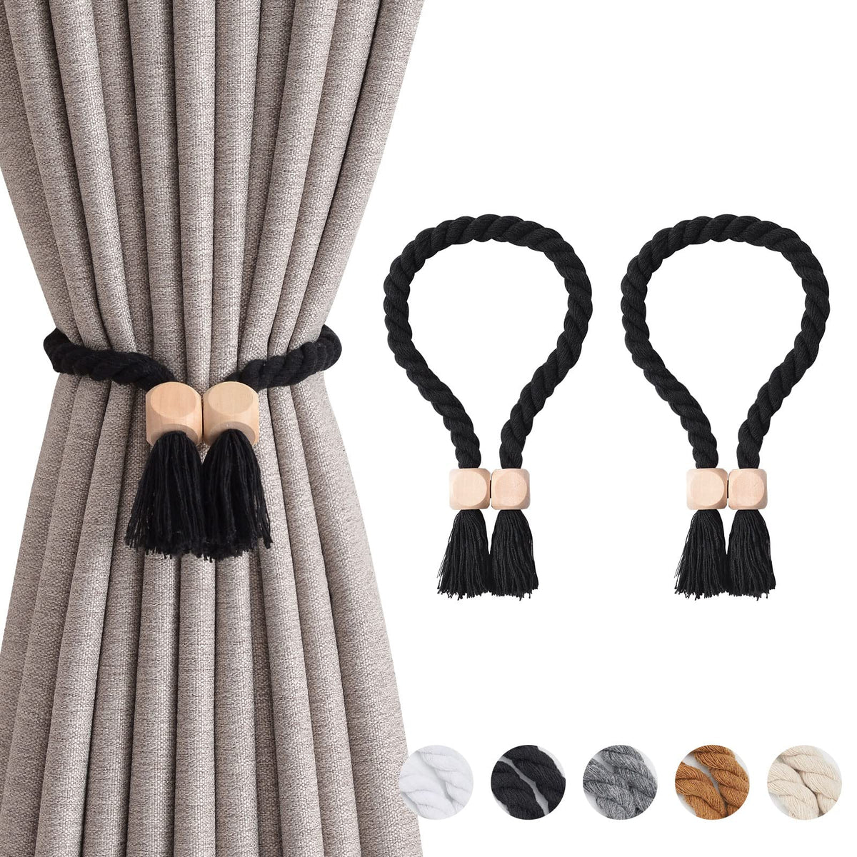NICEEC 2 Pack Wooden Ball Magnetic Curtain Tiebacks Boho Home Decor Drape Tie Backs Natural Cotton Hand Woven Rope Curtain Holdbacks for Thin & Thick Home & Office Window Draperies (Beige)