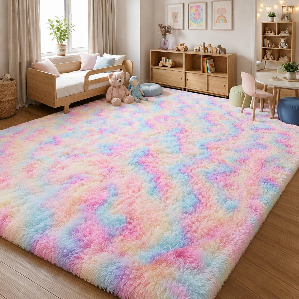8x10 Ft Cream White Fluffy Area Rug for Living Room, Washable