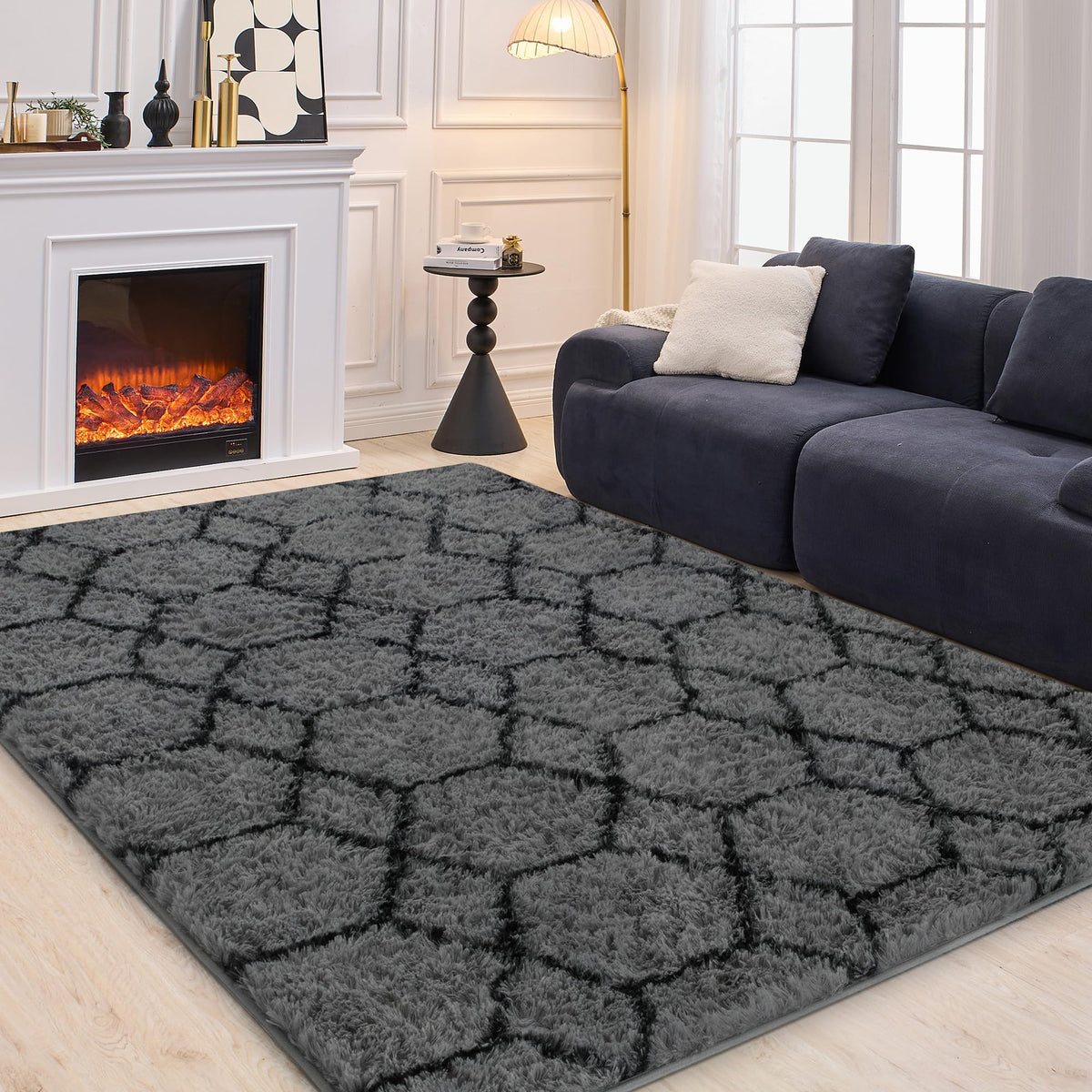 Fluffy Rug for Living Room, Soft Modern 8x10 Grey and Black Shag Area Rugs