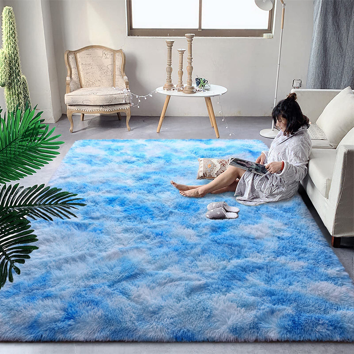 DweIke Fluffy Blue Shag Rugs for Bedroom Living Room, 4x6 Feet Soft Plush Tie-Dyed Light SkyBlue Girls Boys Kids Rug, Upgraded Non-Slip and Machine Washable Carpet for Dorm Nursery Classroom Decor