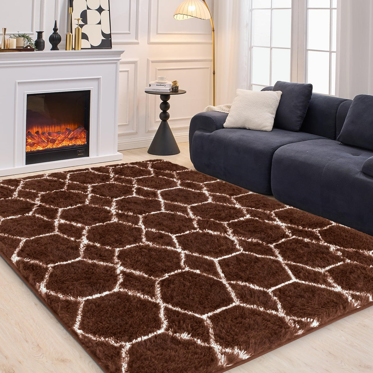 Fluffy Rug for Living Room, Soft Modern 8x10 Grey and Black Shag Area Rugs