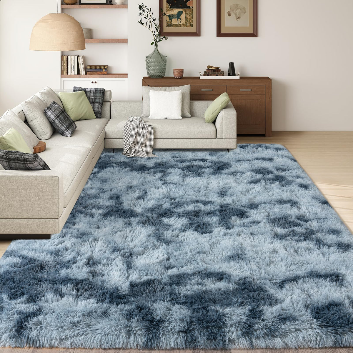 9x12 Large Shag Rugs for Living Room, Washable Abstract Blue Yellow