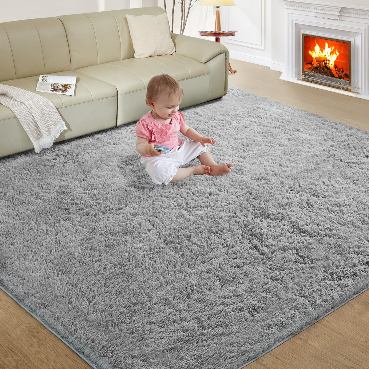 Ultra Soft Rug for Living Room, 8X10 Fluffy Shag Area Rug for Bedroom, Modern Shaggy Carpets Fuzzy Rug for Teens Dorm Nursery Home Decor Aesthetic, Upgrade Anti-Skid Durable, Cream White