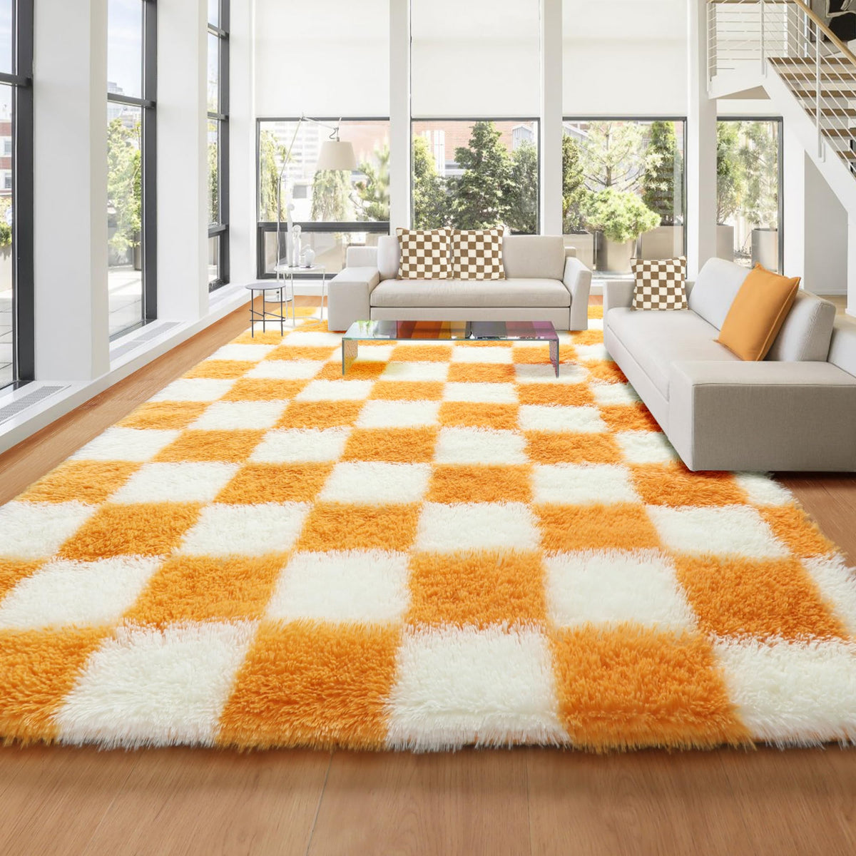 KICMOR Area Rugs 8x10 for Living Room, Large Fluffy Beige and Cream White Checkered Rug Big Fuzzy Shag Shaggy Carpets for Bedroom, Soft Plush Furry Rug for Boy Girls Room Dorm Home Decor Aesthetic