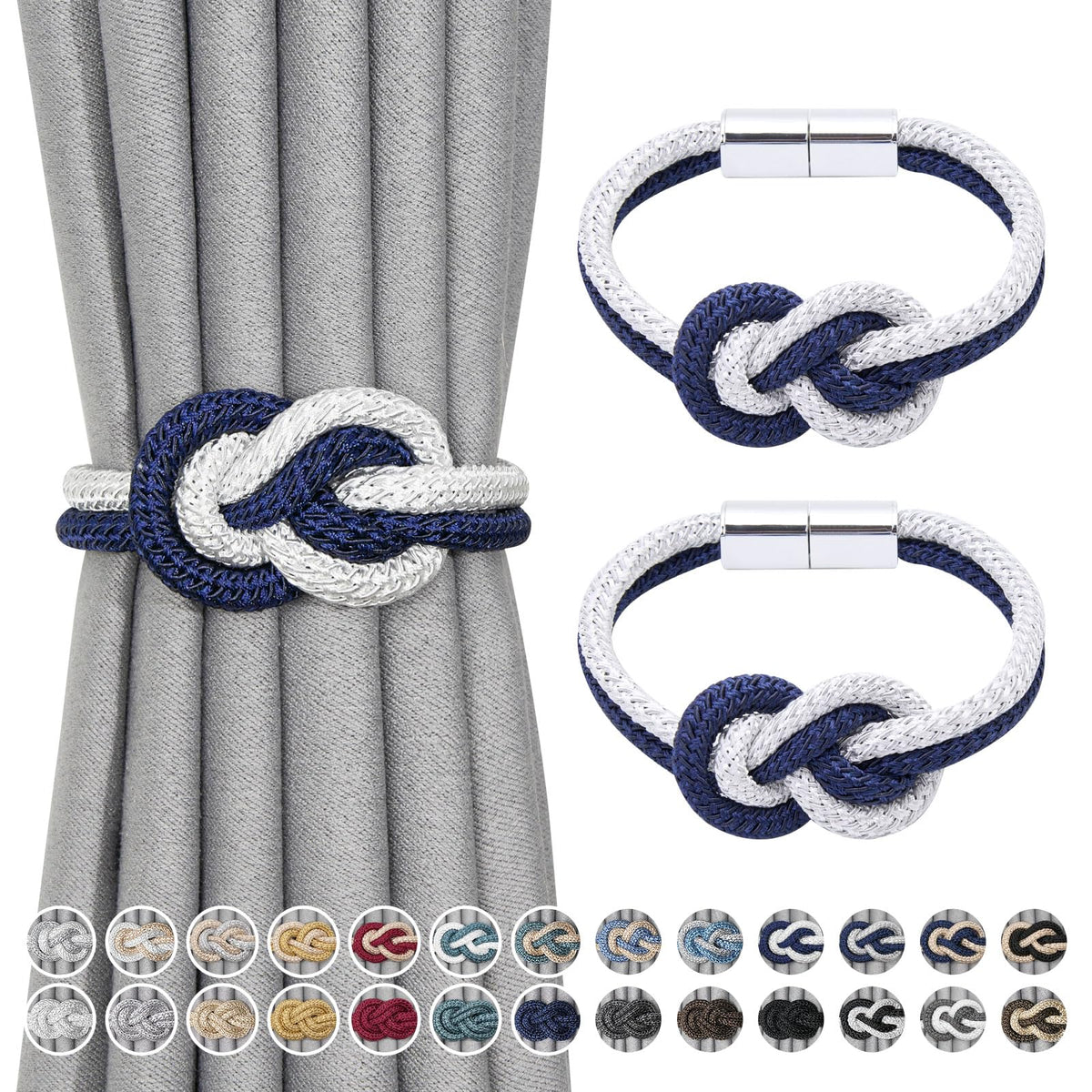 NICEEC 2 Pack Mini Magnetic Curtain Tiebacks Nordic Simple Style Drape Tie Backs Elegant Hand Weave Rope Knot Decorative Curtain Holdbacks for Home & Office Thin Window Drapery (Silver Grey)