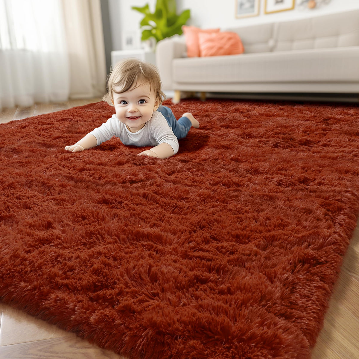 Amdrebio Burnt Orange Shag Plush Large Area Rug 6x9 for Living Room Bedroom