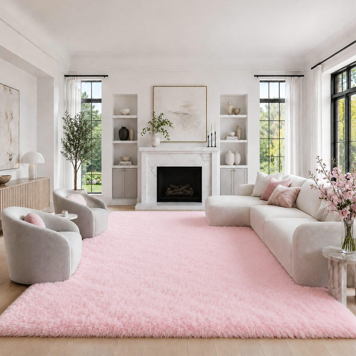8x10 Ft Cream White Fluffy Area Rug for Living Room, Washable