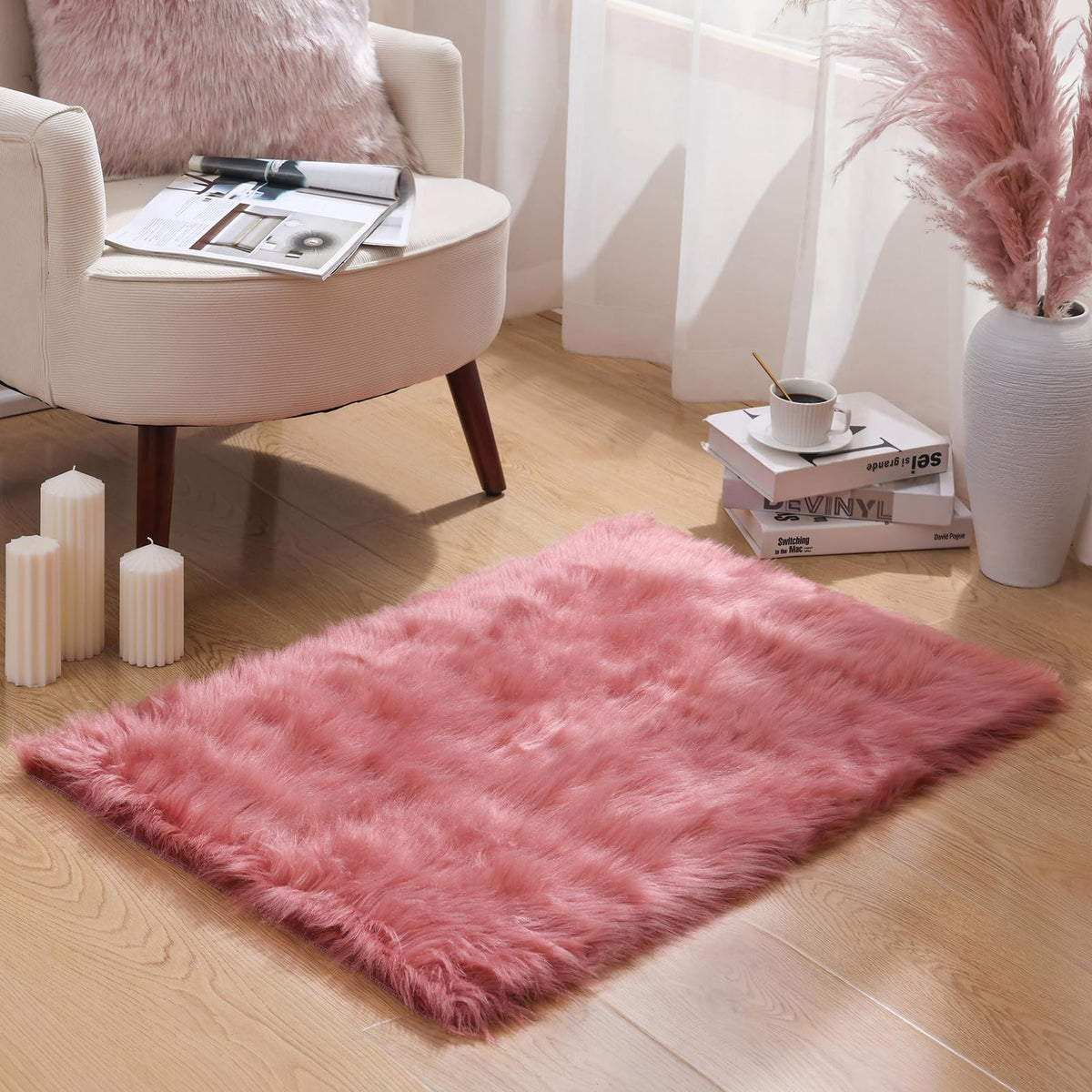 Ashler Faux Fur Rug, White, 2 x 6 Ft, Machine Washable