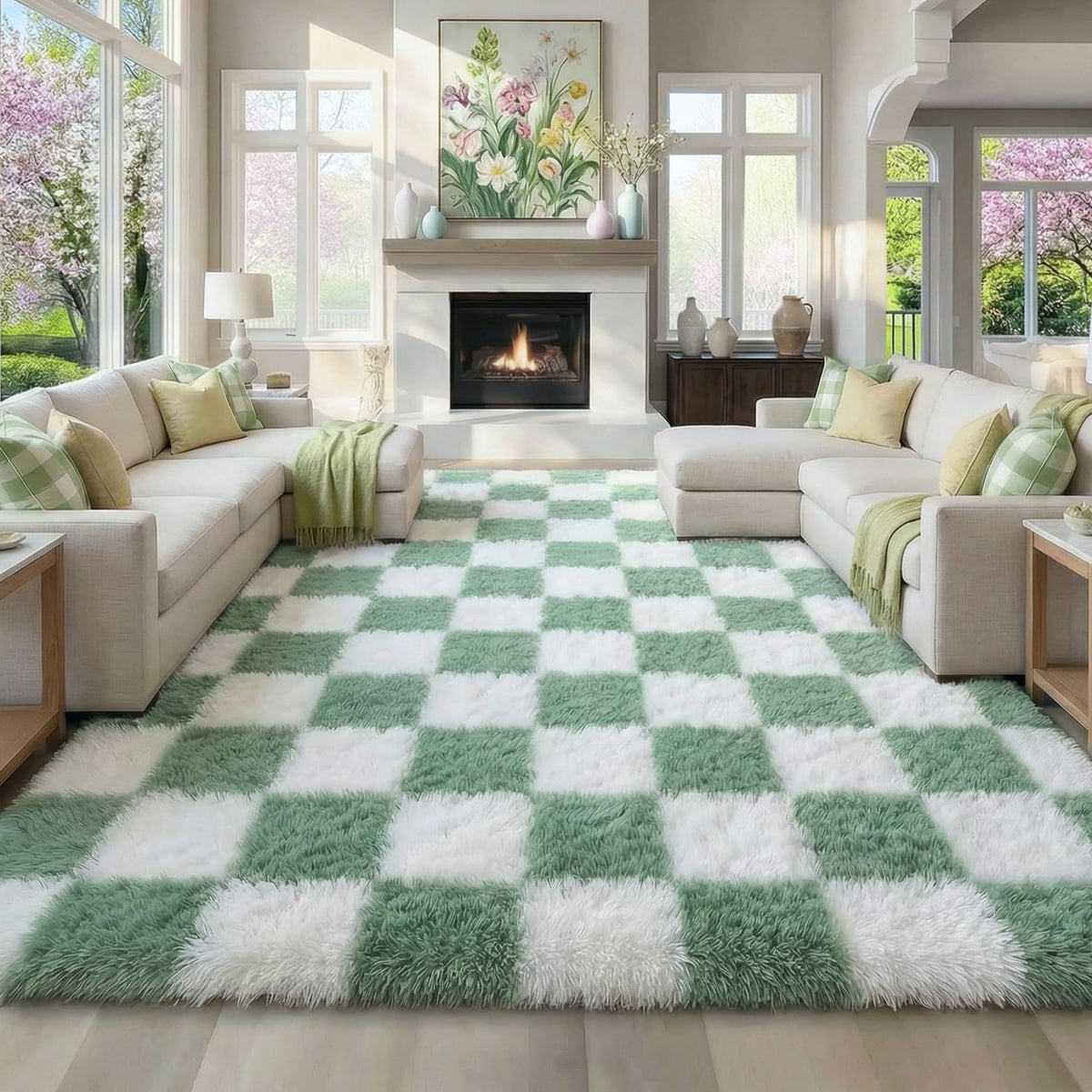 KICMOR Area Rugs 8x10 for Living Room, Large Fluffy Beige and Cream White Checkered Rug Big Fuzzy Shag Shaggy Carpets for Bedroom, Soft Plush Furry Rug for Boy Girls Room Dorm Home Decor Aesthetic