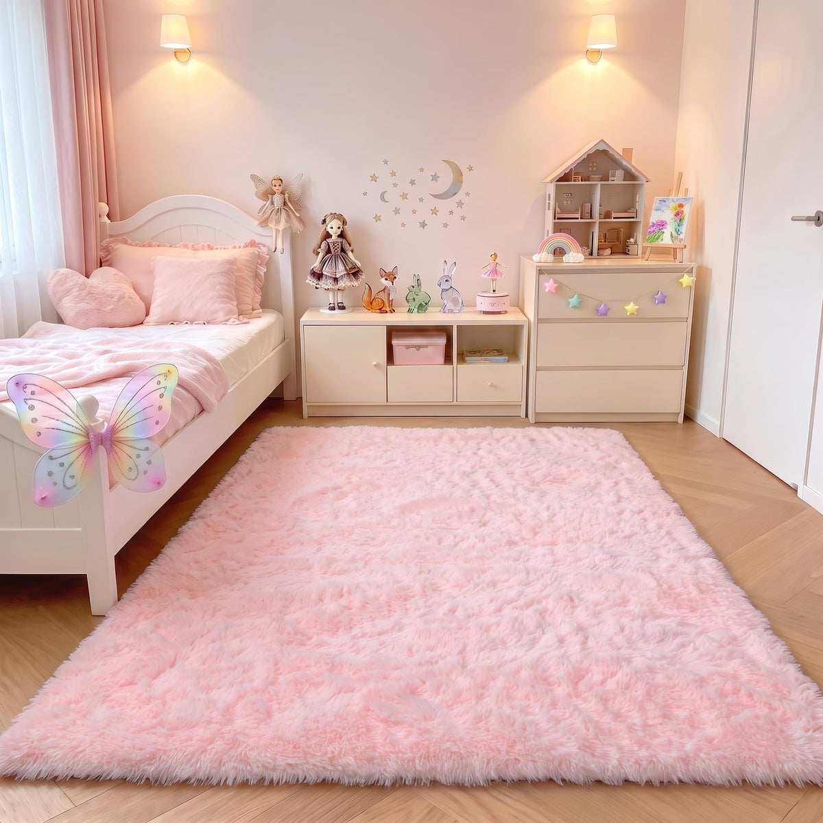 Area Rugs for Living Room Bedroom, 5x8 Fluffy Tie-Dyed Light Grey Shag Rug