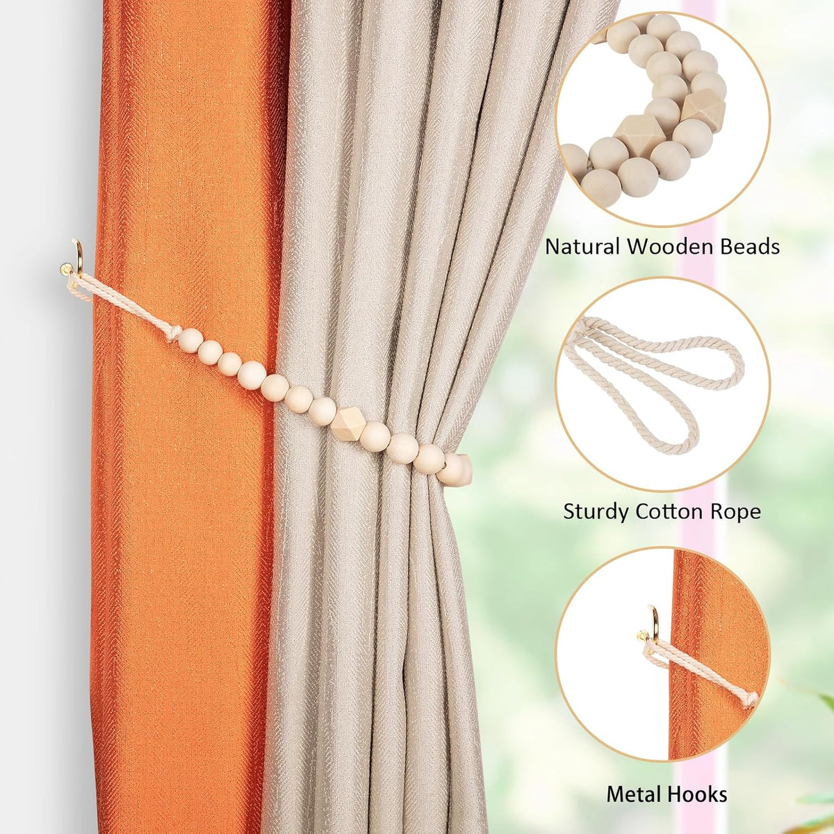 KLOGTSIND Wood Bead Curtain Tiebacks, 2 Pack Curtain Tie Backs with Hooks