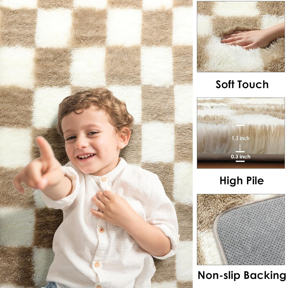 KICMOR Area Rugs 8x10 for Living Room, Large Fluffy Beige and Cream White Checkered Rug Big Fuzzy Shag Shaggy Carpets for Bedroom, Soft Plush Furry Rug for Boy Girls Room Dorm Home Decor Aesthetic