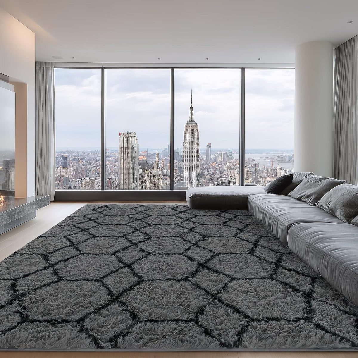 Fluffy Rug for Living Room, Soft Modern 8x10 Grey and Black Shag Area Rugs