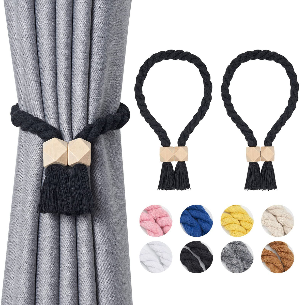 NICEEC 2 Pack Wooden Ball Magnetic Curtain Tiebacks Boho Home Decor Drape Tie Backs Natural Cotton Hand Woven Rope Curtain Holdbacks for Thin & Thick Home & Office Window Draperies (Beige)