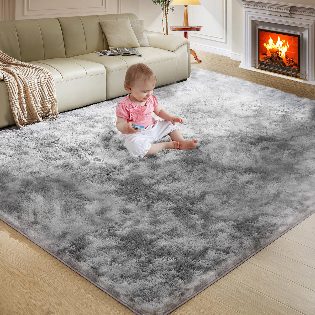 Ultra Soft Rug for Living Room, 8X10 Fluffy Shag Area Rug for Bedroom, Modern Shaggy Carpets Fuzzy Rug for Teens Dorm Nursery Home Decor Aesthetic, Upgrade Anti-Skid Durable, Cream White